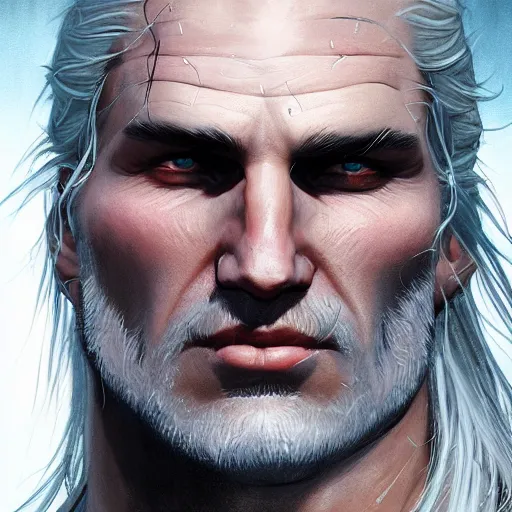 Image similar to closeup portrait of Geralt of Rivia, D&D, fantasy, highly detailed, digital painting, trending on artstation, concept art, sharp focus, illustration, art by artgerm and greg rutkowski and magali villeneuve