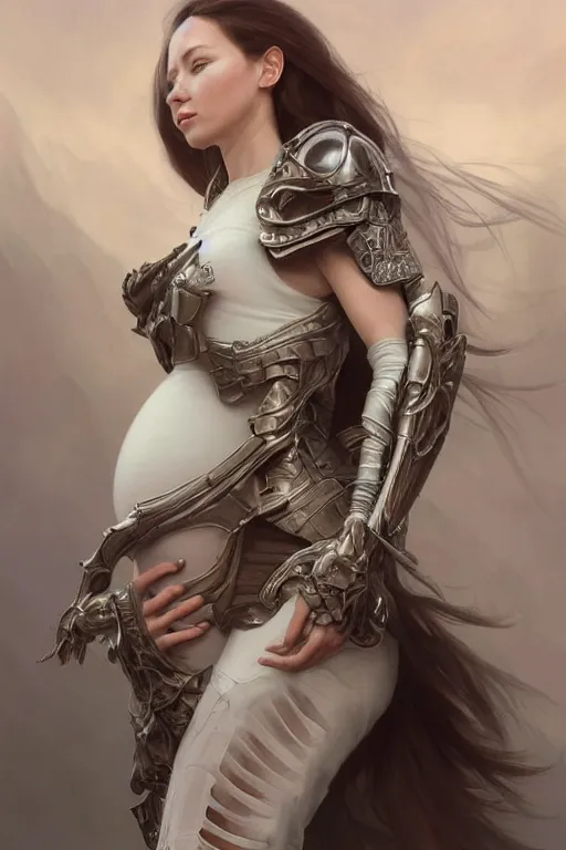 Image similar to ** professional portrait of pregnant peacefull cryogenic female dynamic pose , armor elements , long dark hair, beautiful bone structure, symmetrical facial features, intricate, elegant, digital painting, concept art, smooth, sharp focus, illustration, by Ruan Jia and Mandy Jurgens , and mucha, and Artgerm and William-Adolphe Bouguerea