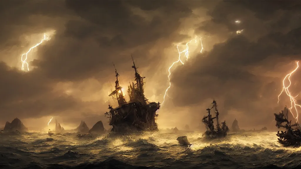 Image similar to small boat in foreground, giant big krakens and tentacles in the background, lightning in background, intricate, detailed, volumetric lighting, sharp focus, scenery, photorealism, digital painting, highly detailed, concept art, ruan jia, steve mccurry