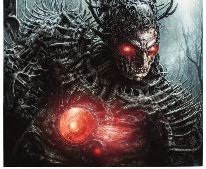 Image similar to 5 5 mm close up portrait photo of an armored biomechanical demonic superman looking at the camera, in a magical forest. dark atmosphere. art by greg rutkowski and luis royo. highly detailed 8 k. intricate. lifelike. soft light. nikon d 8 5 0.