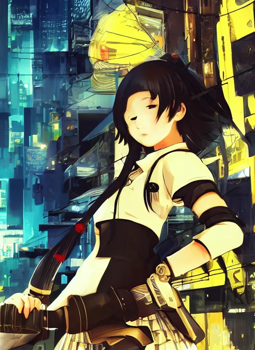 Image similar to JRPG game poster, luxury advertisement, yellow filter. Clean and detailed post-cyberpunk sci-fi close-up schoolgirl in asian city in style of cytus and deemo, blue flame, relaxing, calm and mysterious vibes, by Tsutomu Nihei, by Yoshitoshi ABe, by Ilya Kuvshinov, by Greg Tocchini, nier:automata, set in half-life 2, Matrix, GITS, Blade Runner, Neotokyo Source, Syndicate(2012), dynamic composition, beautiful with eerie vibes, very inspirational, very stylish, with gradients, surrealistic, dystopia, postapocalyptic vibes, depth of field, mist, rich cinematic atmosphere, perfect digital art, mystical journey in strange world, beautiful dramatic dark moody tones and studio lighting, shadows, bastion game, arthouse