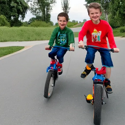 Prompt: two boys riding a tandem bike