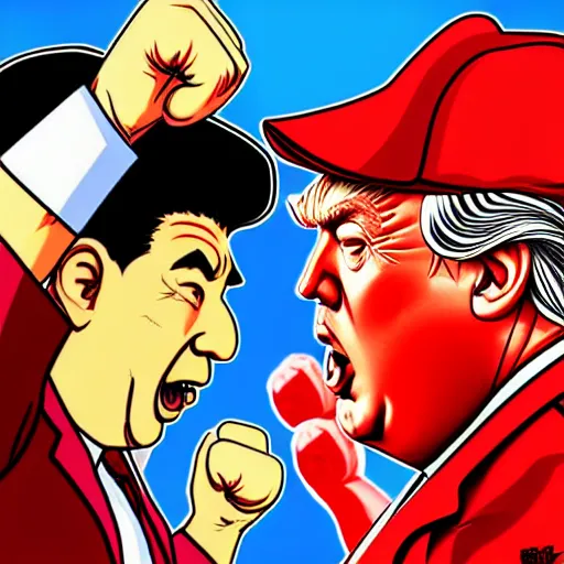 Prompt: xi jinping vs donald trump, street fighter, fight, fistfight, digital art