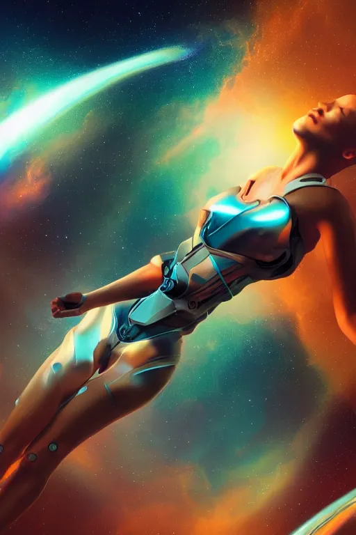 Image similar to woman cyborg floating in space letting go of reality and experiencing the quantum feild, matte painting comic book art, cinematic, highly detailed, realistic, beautiful cosmic neural network, octane render, unreal engine, depth of field, trending on artstation, sharp focus, philosophical splashes of colors