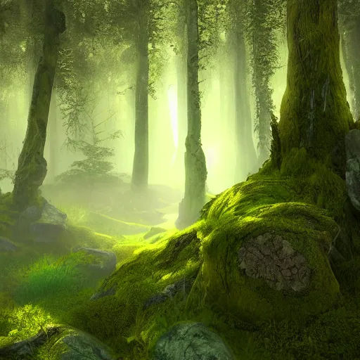 Prompt: fantasy forest, detailed painting, warm volumetric lighting, mossy logs