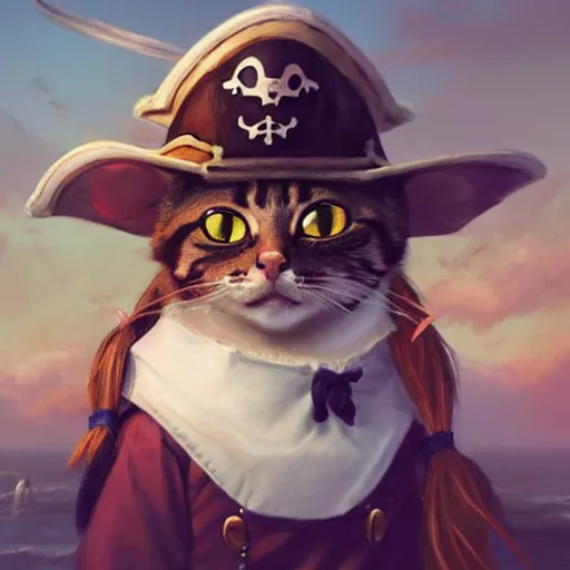 Image similar to Portrait of a Kawaii Cat dressed as a Pirate, digital painting, highly detailed, artstation, concept art, smooth, sharp focus, illustration, art by artgerm and greg rutkowski.