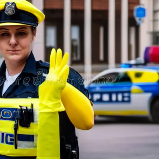 Image similar to A police officer wearing yellow rubber gloves, posing heroically, stock image