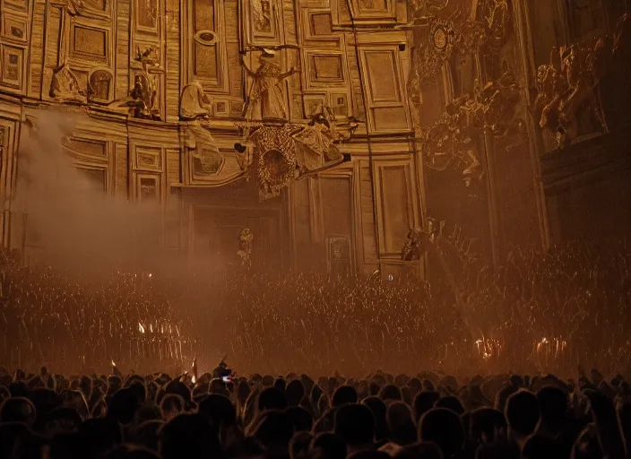 Image similar to a high resolution photograph of sunn o ) ) ) playing live at the vatican with monk robes, smoke machines, huge walls of amplifiers, many amplifiers stacked high, ornate