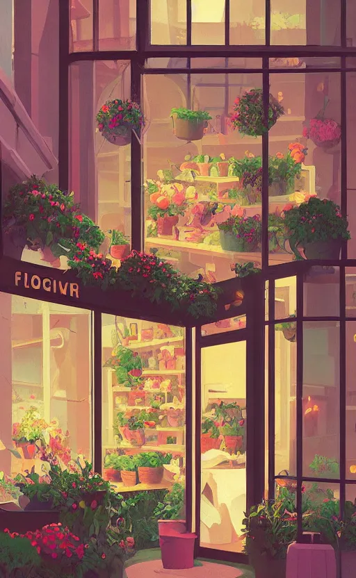 Image similar to cute cozy florist store, surreal cinematic illustration, by atey ghailan and escher and edward hopper