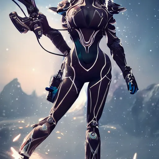 Image similar to highly detailed exquisite fanart, of a beautiful female warframe, elegant pose, holding a detailed epic kitgun, high quality hands, epic cinematic shot, DeviantArt, high quality artstation, HD render