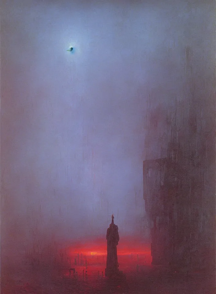 Prompt: the blind liberty of the few, red and purple palette, volume light, fog, by caspar david friedrich by ( h. r. giger ) and paul lehr