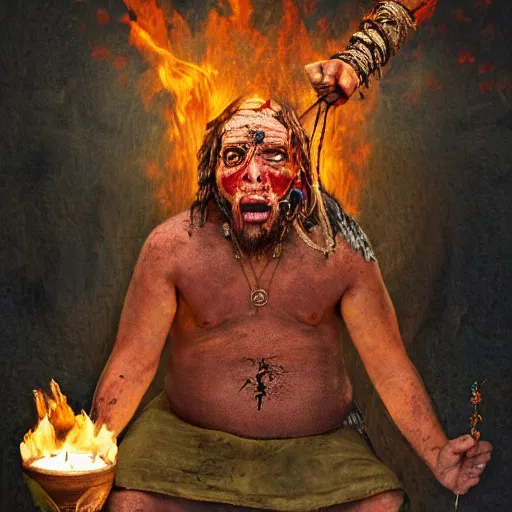 Image similar to a photorealistic of a terrible horrific shaman in a ritual of fire and incense, a strong pain appears in the belly and goes into a trance