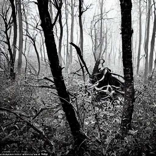 Image similar to horror, photography, cinematic, a pale creeping tangle of human limbs with tufts of hair and deformed features, emerges from the edge of a forest into a field, disturbing, unsettling