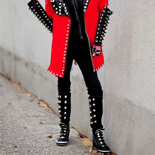 Prompt: battle jacket punk rock red and black studs spikes