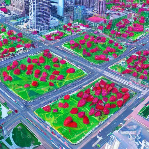 Prompt: a city built around a strawberry