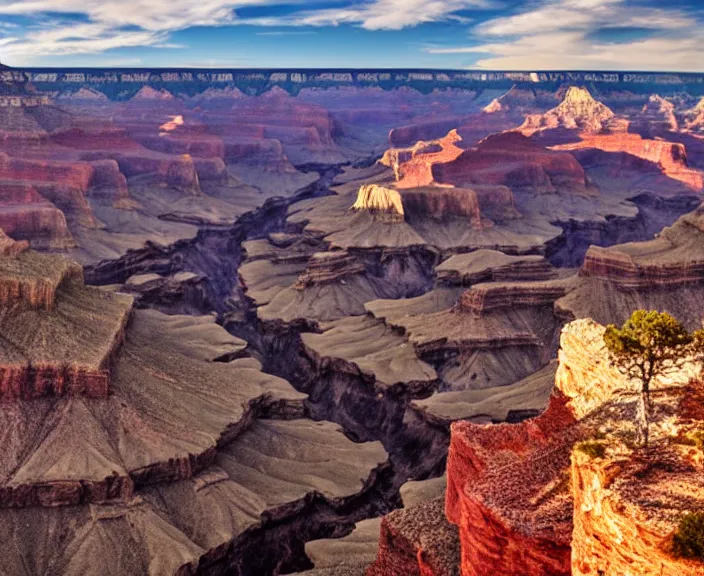 Prompt: 4 k hd, high detail panoramic photograph of grand canyon, shot with sigma f / 4. 2, 2 5 0 mm sharp lens, wide shot, volumetric lighting, high level texture render, unreal engine