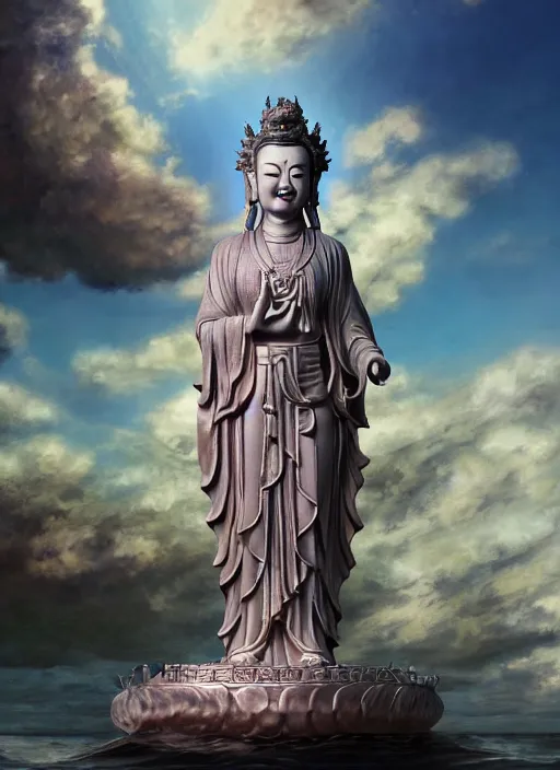 Image similar to guanyin stand on big loutus, a godness of the southern seas, a realistic setting with muted colors, visual novel cover, by yoshitaka amano, zeng fanzhi, jane hamilton, tiffany studios, sunrays shine uponit, frostbite 3 engine, cryengine, dof, trending on artstation, digital art, fantasy detailed background