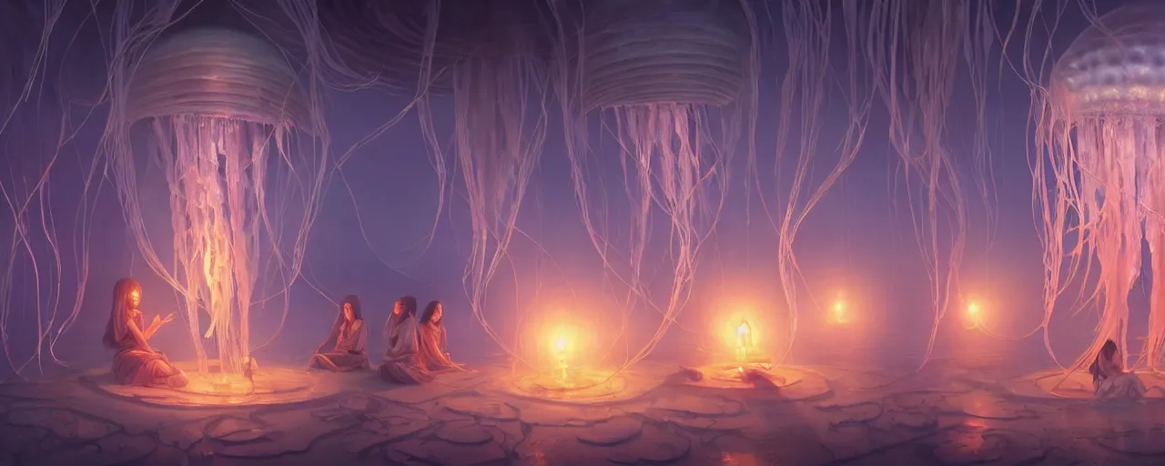 Image similar to A painting of priestesses worshipping at the jellyfish temple, shrouded in mist, jellyfish god, 8K, illustration, art by artgerm and Makoto Shinkai and Hitoshi Ashinano, smoke, cinematic, insanely detailed and intricate, hypermaximalist, elegant, super detailed, award-winning, puce and vermillion, mysterious, ancient, ritual, ethereal, trending in cgsociety, artstation HQ, ornate, elite, haunting, matte painting