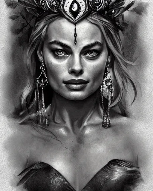 Image similar to realism tattoo sketch of margot robbie as a beautiful greek goddess aphrodite with piercing eyes wearing a laurel wreath and triangle earrings, in the style of greg rutkowski, amazing detail