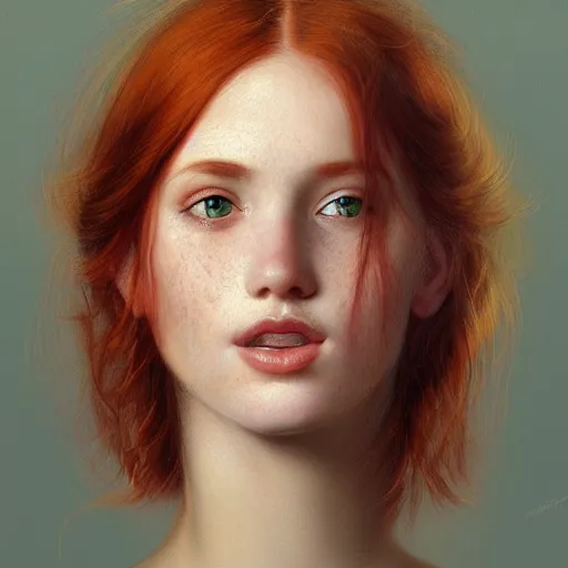 Prompt: portrait of a red haired girl, long hair, green eyes, hint of freckles, beautiful round face, soft amazed smiles, among golden fireflies, highly detailed, deep focus, elegant, digital painting, smooth, sharp focus, golden ratio, illustration, ultra realistic, 8 k, art by vittorio reggianini