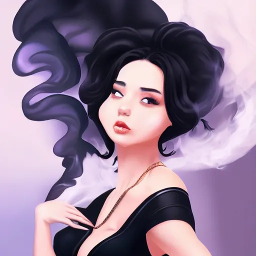 Prompt: woman with black hair and black dress, full body, curvy, backlit smoke, hard light, cinematic lighting, high detail, made by artgerm, trending on artstation, sharp focus, smooth