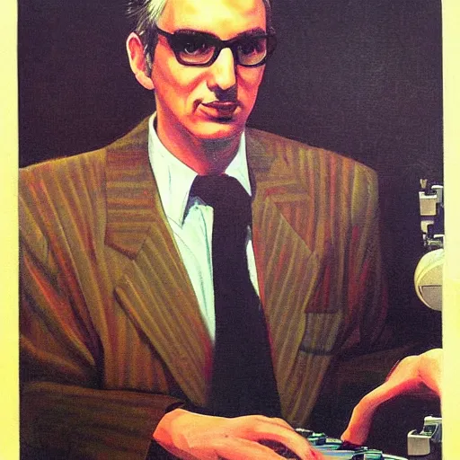 Image similar to “portrait of donald fagen as a 1950s disk jockey, by robert McGinnis”