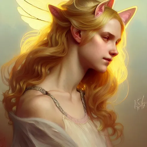 Image similar to Portrait of a girl angel with blonde hair, cat ears, glowing halo, wings, fantasy, intricate, elegant, highly detailed, digital painting, artstation, concept art, smooth, sharp focus, illustration, art by Krenz Cushart and Artem Demura and alphonse mucha