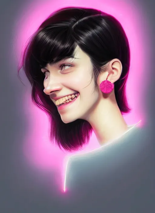 Image similar to portrait of high school girl, realistic, black hair, bangs, half updo hairstyle, pointy nose, skinny, smile, ugly, defined jawline, big chin, pink hair bow, earrings, intricate, elegant, glowing lights, highly detailed, digital painting, artstation, sharp focus, illustration, art by wlop, mars ravelo and greg rutkowski