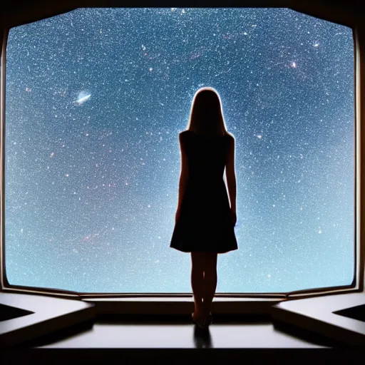 Prompt: a partial silhouette of a girl looking out a large window at a space scene, lofi aesthetic volumetric lighting, dramatic, realistic, intense,