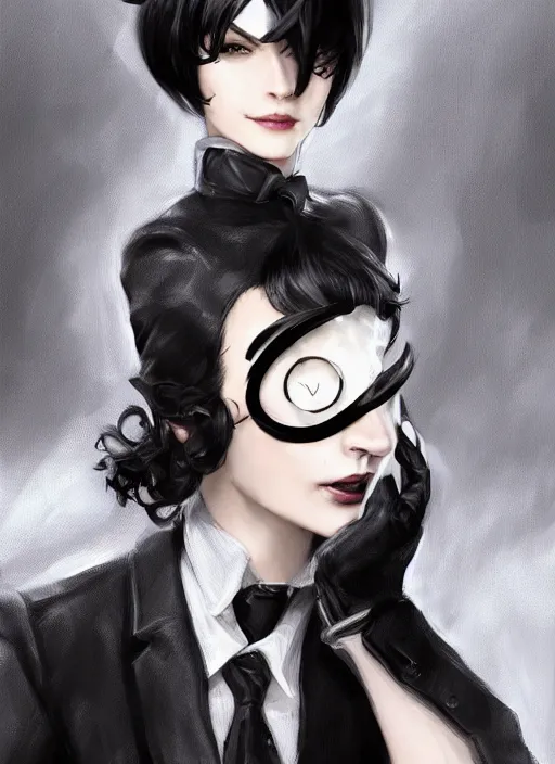 Image similar to a highly detailed illustration of beautiful short black messy haired woman wearing eyepatch and noir style suit and tie, dramatic smiling pose, intricate, elegant, highly detailed, centered, digital painting, artstation, concept art, smooth, sharp focus, league of legends concept art, WLOP