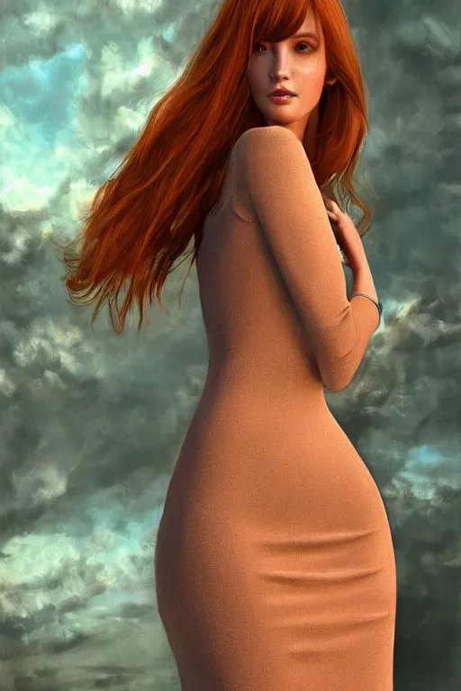 Image similar to ultra realist soft painting of a single beautiful female in a full long curvy slim dress, thin long auburn hair, very intricate details, volumetric lighting, symmetry accurate anatomy features, 1970 environment, unreal render