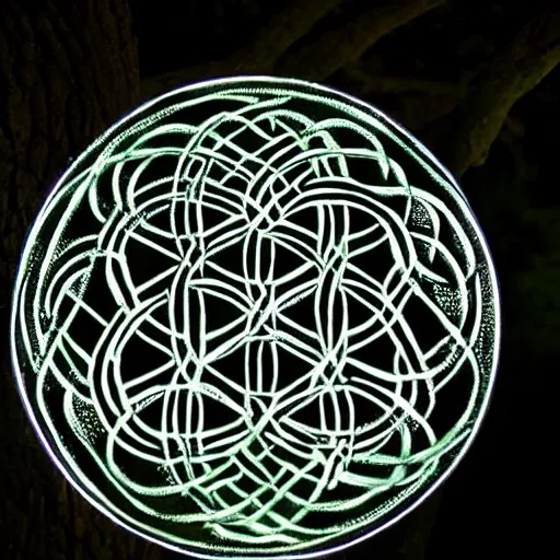 Image similar to Celtic flower of life carved on a tree illuminated by full moonlight, Photo taken with Nikon ISO 2600