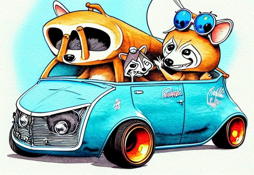 Image similar to cute and funny, racoon riding in a tiny hot rod coupe with ( very ) oversized engine, ratfink style by ed roth, centered award winning watercolor pen illustration, isometric illustration by chihiro iwasaki, edited by range murata