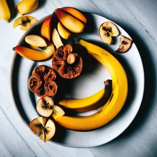 Image similar to beautiful photo of a sailing ship made from mango, bananas and apple pieces on a white plate, dslr