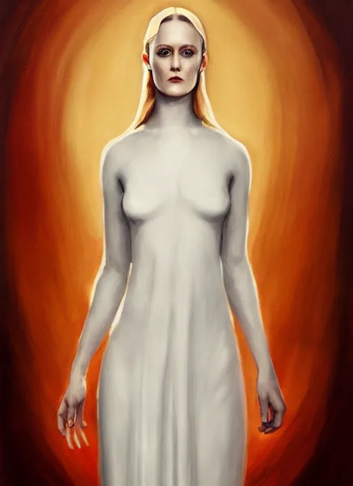 Prompt: goddess, Evan Rachel Wood, pale, holy, angelic, gorgeous, full body white dress, symmetrical face, sky, high fantasy, concept art, warm lighting, mood lighting, painting