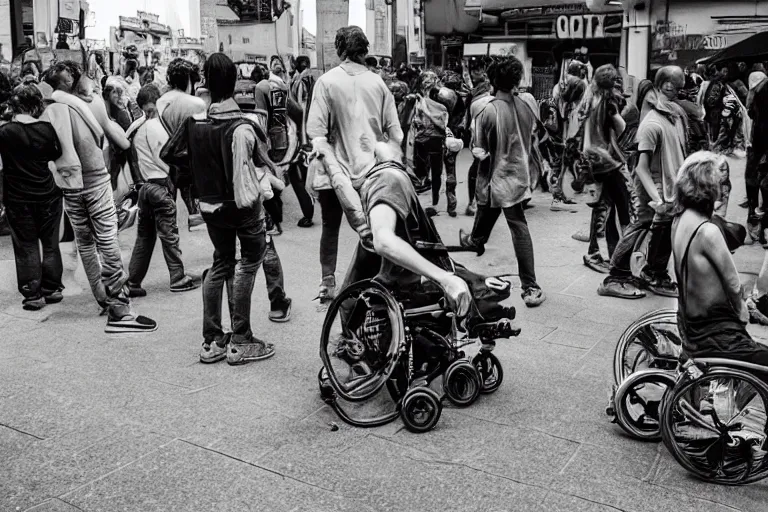 Prompt: riot of paraplegic people, street photography, detailed realistic photography