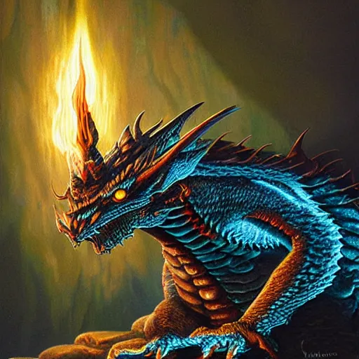 Prompt: bizmuth dragon glowing coals between bizmuth scales dragon profile eyes glowing on a plateau table rock book cover by artist michael whelan photorealistic