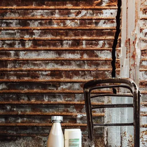 Image similar to bottle of milk, over a rusted metal table inside slaughterhouse