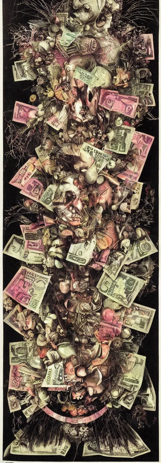 Image similar to post - punk new age album cover, asymmetrical design, dollar bank notes, capitalism, magic, apocalypse, psychedelic, black white pink, magic, giger h. r., giuseppe arcimboldo