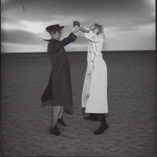 Image similar to 9 0 s polaroid photograph of a man and woman both wearing trenchcoats at night, dancing together on a beach during cloudy weather, vignette