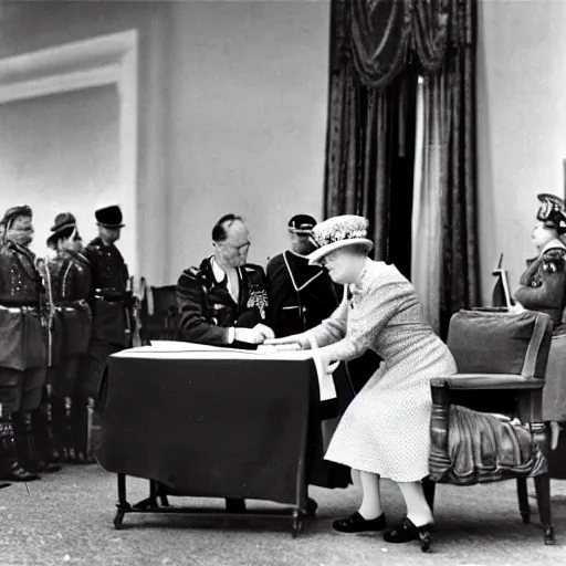 Image similar to ultra wide 1 9 4 6 historical photo 1 3 5 mm of a single german general signing a peace treaty, a young queen elizabeth holds a corgi and watches the general sign the treaty, french village interior, highly detailed, sharp focus
