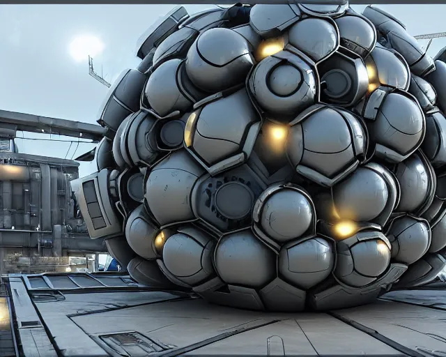 Prompt: 3 d sculpt of scifi rectangular industrial building facade covered with many spheres and massive pipes in the shape of a digital movie camera, maschinen krieger, starcraft, halo, star wars, ilm, star citizen halo, mass effect, starship troopers, elysium, the expanse, high tech industrial, artstation unreal