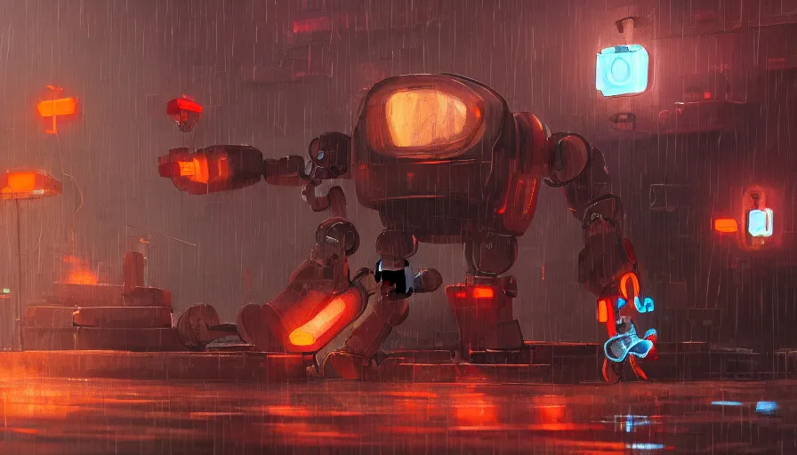 Image similar to a robot fighting a golem in the rain, sharp focus, james gilleard, cinematic, game art, extremely detailed digital painting, print