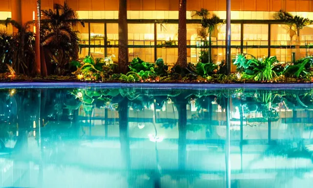 Image similar to indoor pool with ferns and palm trees at night, shops, pool tubes, chromatic abberation, dramatic lighting, depth of field, 80s photo