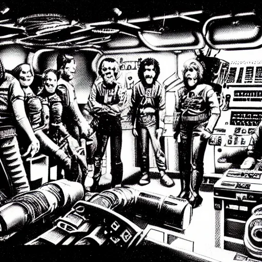 Image similar to scruffy punk starship crew in engine room of nostromo, extraterrestrials, alien 1 9 7 9, ron cobb, jim henson creature shop, mike mignogna, highly detailed, comic book, science fiction, used future