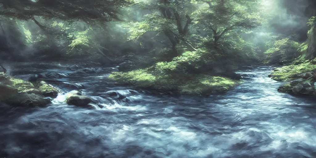 Image similar to a river, cinematic angle, studio Ghibli, digital art, cinematic lighting, detailed oil painting, hyperrealistic, 8k