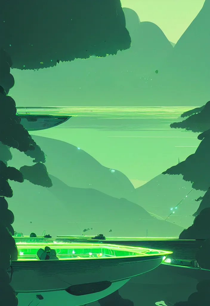 Image similar to by moebius and atey ghailan | a bright green river with clear crystal boats moving up and down it |