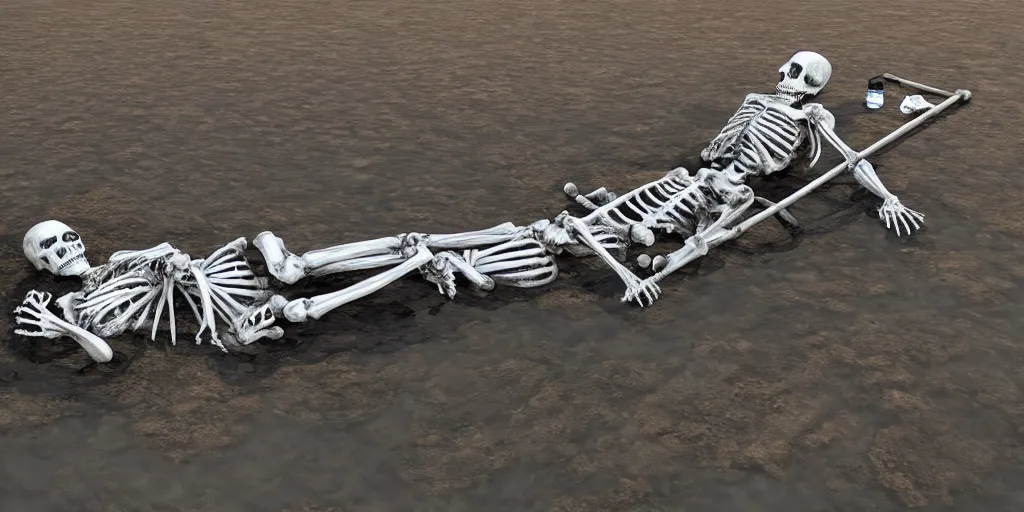 Image similar to skeleton lying in a puddle of mercury, pipe sticking out of the lake, fantasy, digital art, trending on artstation