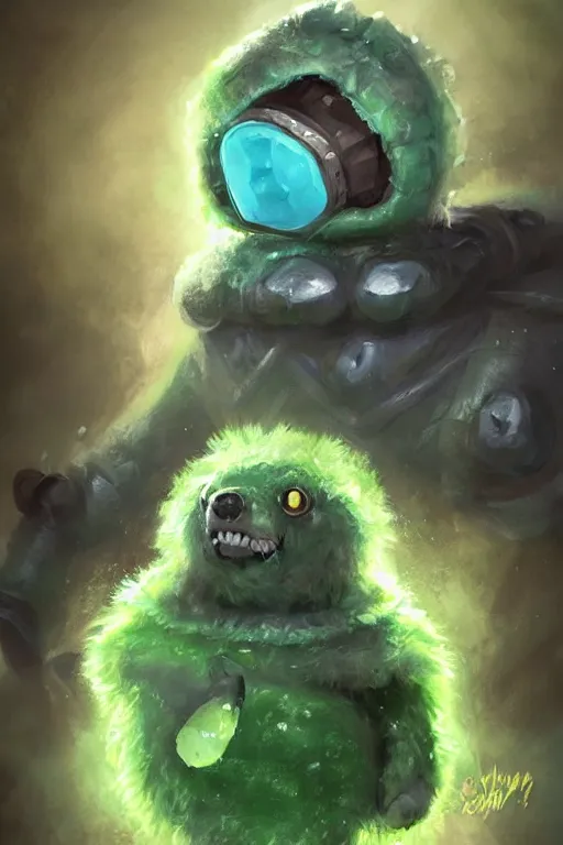 Image similar to cute anthropomorphic green slime jelly knight wearing a cape, tiny, small, miniature bear, baby slime , short, pale blue armor, cute and adorable, pretty, beautiful, DnD character art portrait, matte fantasy painting, DeviantArt Artstation, by Jason Felix by Steve Argyle by Tyler Jacobson by Peter Mohrbacher, cinematic lighting