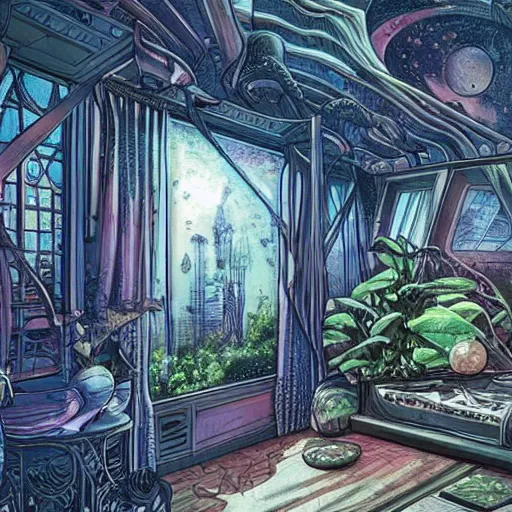 Prompt: Interior of a bedroom on a spaceship, in the background is large window showing a view of outer space, lush plants are spread around the room, intricate, elegant, highly detailed, smooth, sharp focus, detailed face, high contrast, graphic novel, art by Ardian Syaf,